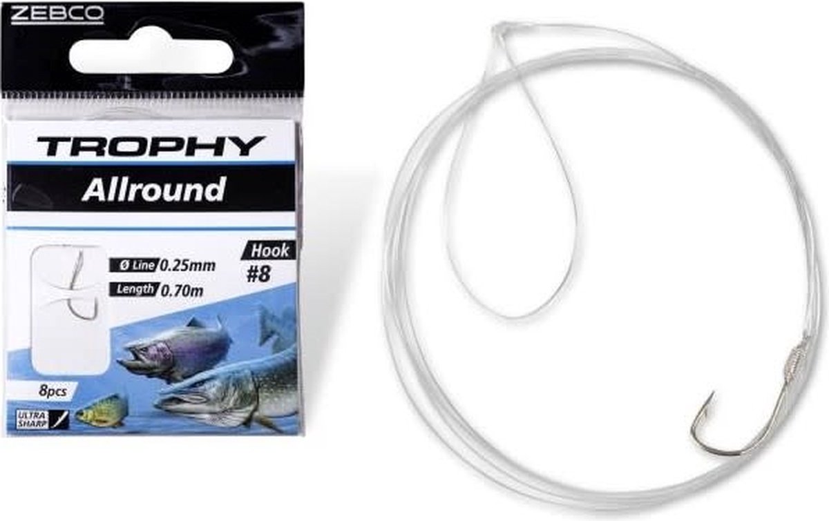Zebco Trophy Allround Hook-to-Nylon 70cm (8 pcs) Hook Silver - Maat : 10