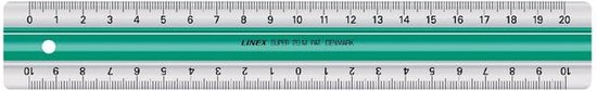 Een 20 cm Linex liniaal met zilverkleurige randen, groene strook met tekst en dubbele maateenheden.