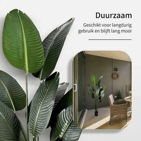 Duurzame groene Strelitzia kunstplant voor langdurig gebruik, getoond op balkon.