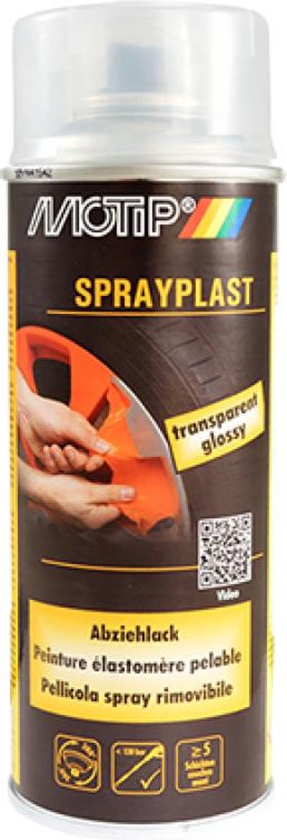 Bombe de peinture vernis brillant élastomère pelable Motip Sprayplast 396571 pour carrosserie moto scooter