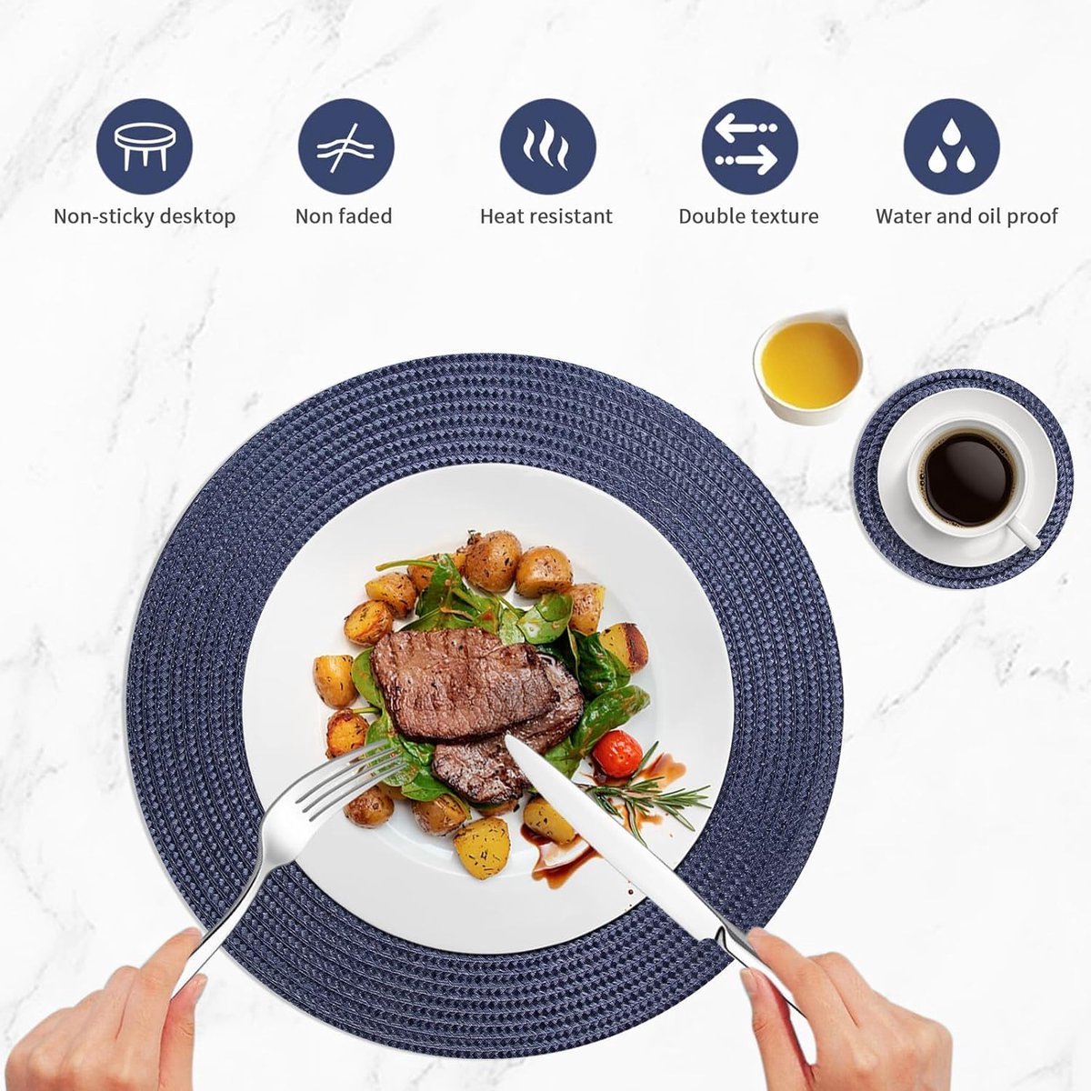 APLKER Placemat van leer, set van 6 placemats, wasbaar, waterdicht, hittebestendig, voor keuken, restaurants en hotels 41 cm x 31 cm (blauw/grijs, 16 x 11,8 inch