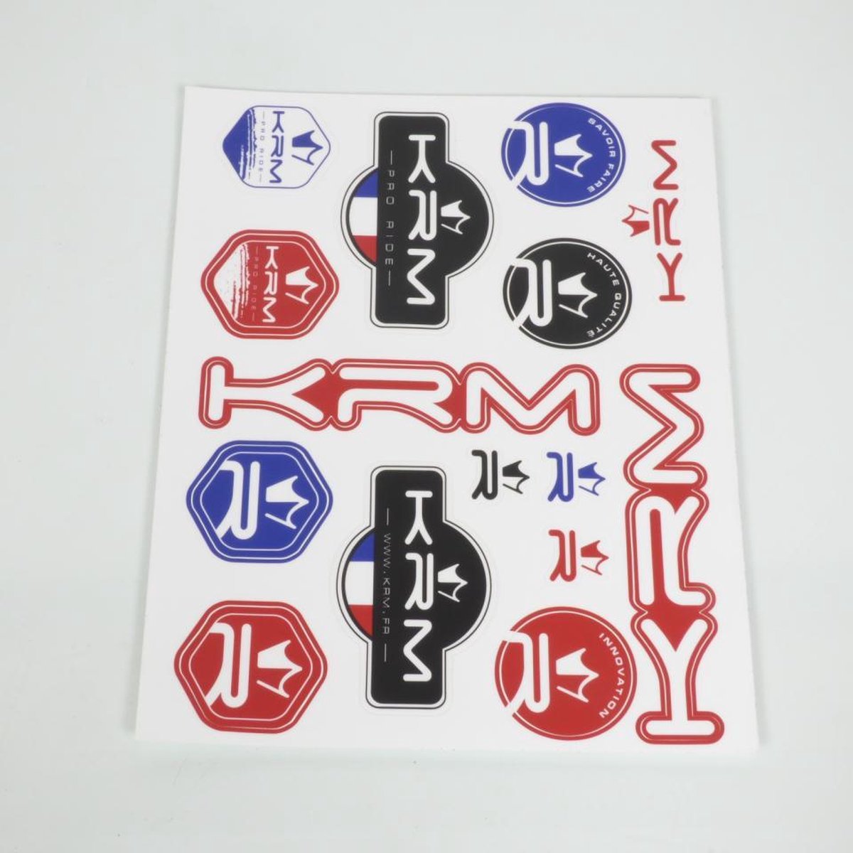 set van 15 motorfiets stickers krm pro ride rood zwart blauw