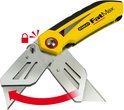 Gele Stanley FatMax vouwmets met zwart handvat en metalen mes, openklapbaar.