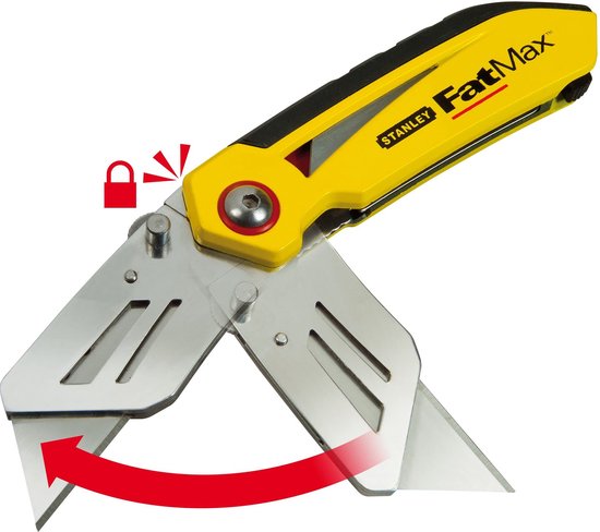 Gele Stanley FatMax vouwmets met zwart handvat en metalen mes, openklapbaar.