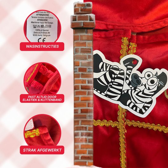 Detailopnames van wasinstructies, elastiek, klittenband en afwerking van de rode fluwelen Sinterklaas-cape.