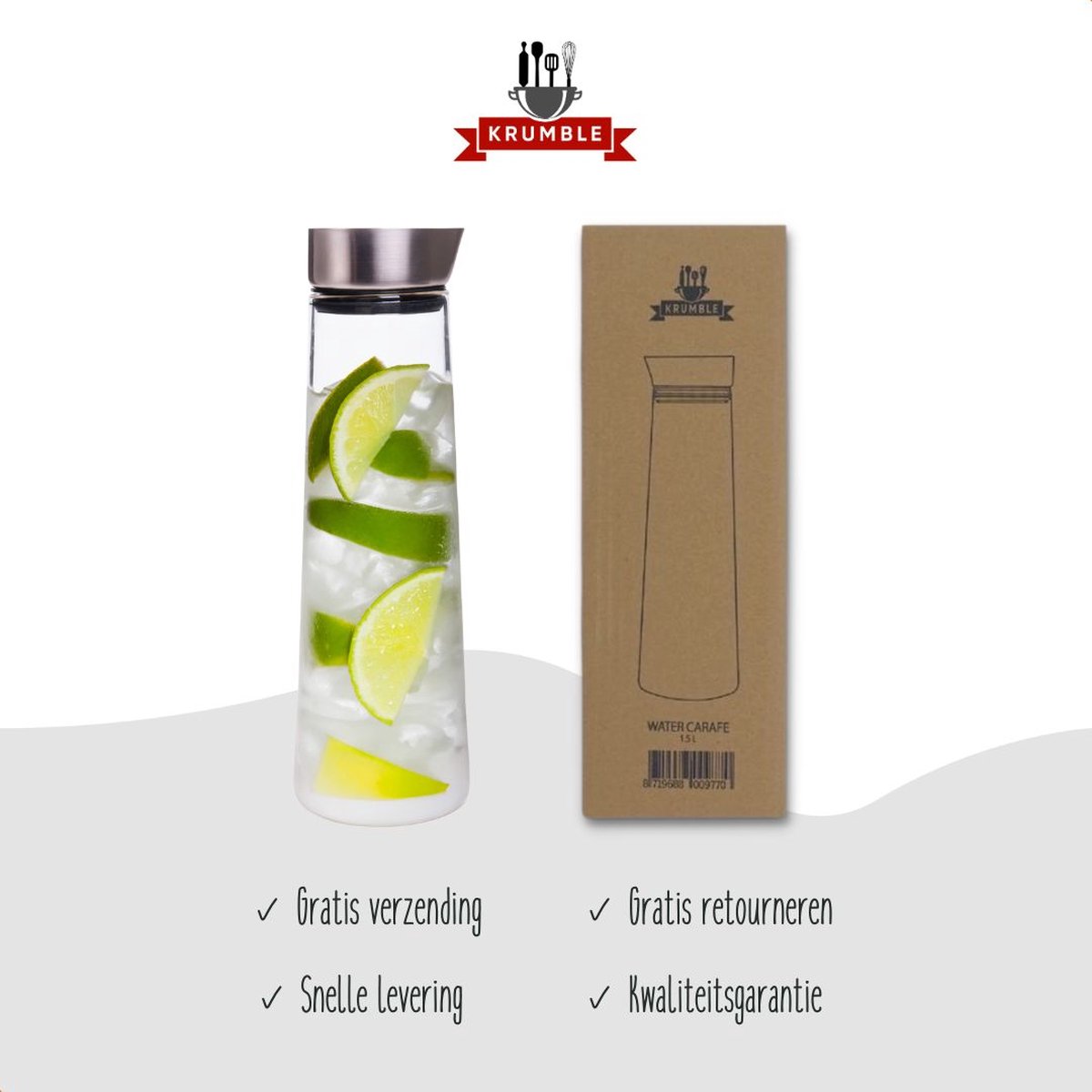 Krumble Karaf van glas - 1000ml - 1 liter - 33 x 9,5 cm (dxh) - Glazen waterfles - Waterkan met deksel - RVS - Tafel water — cadeau in Koken & Dineren - foto 6