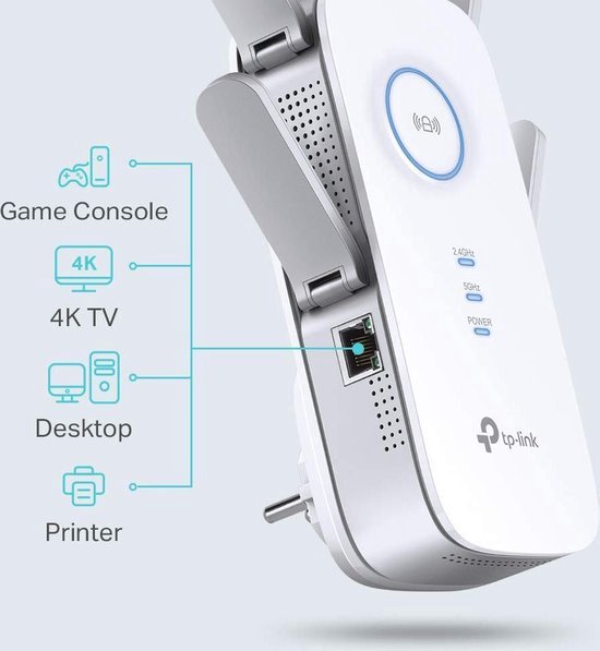 Close-up van de TP-Link RE650 WiFi Range Extender met Ethernetpoort, aangesloten op een spelcomputer, 4K TV, desktop en printer.