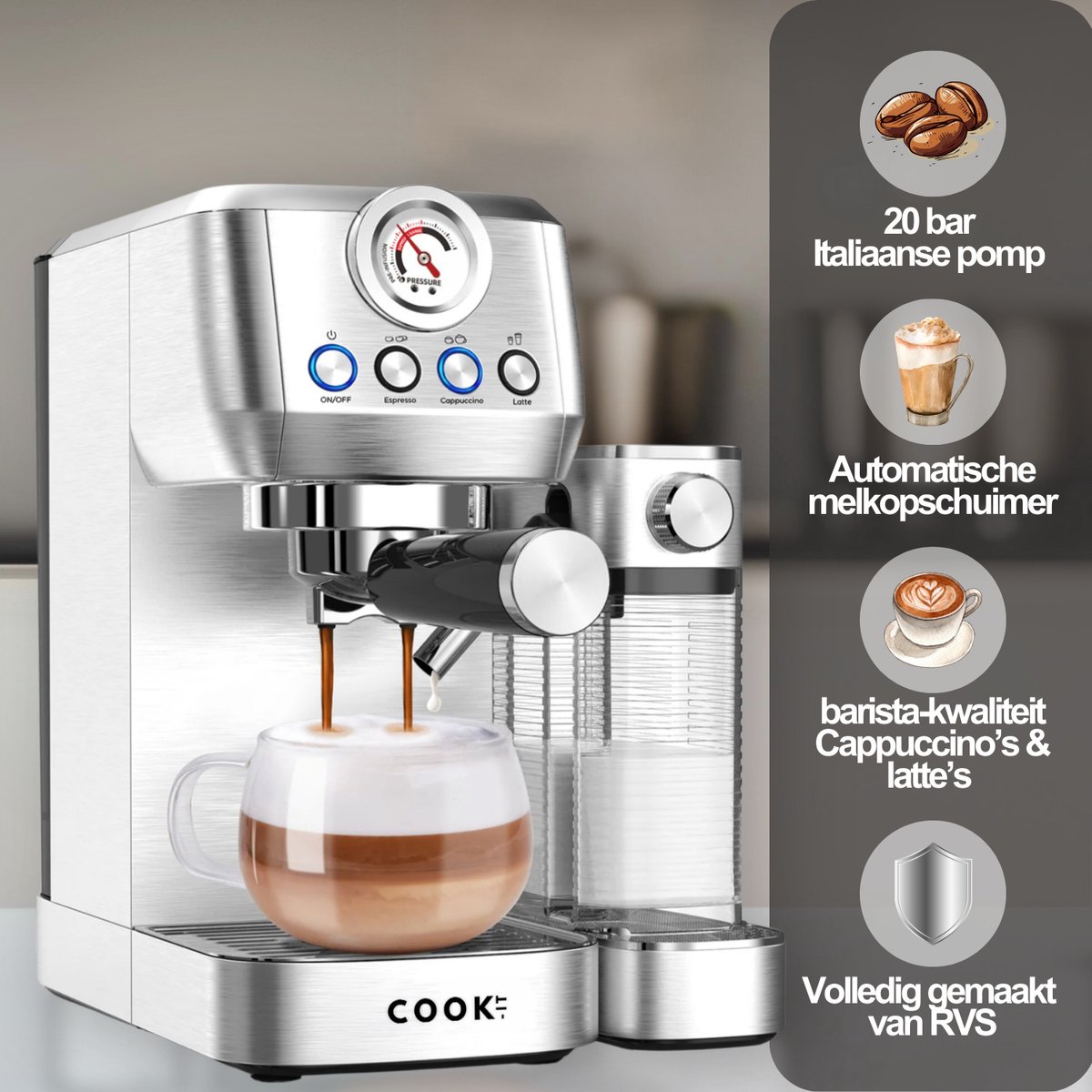Afbeelding 2 van Espressomachine 20 Bar - Koffiemachine met Automatische Melkopschuimer - Pistonmachine Cappuccino & Latte - Italiaanse pomp - Vol RvS - COOK-IT