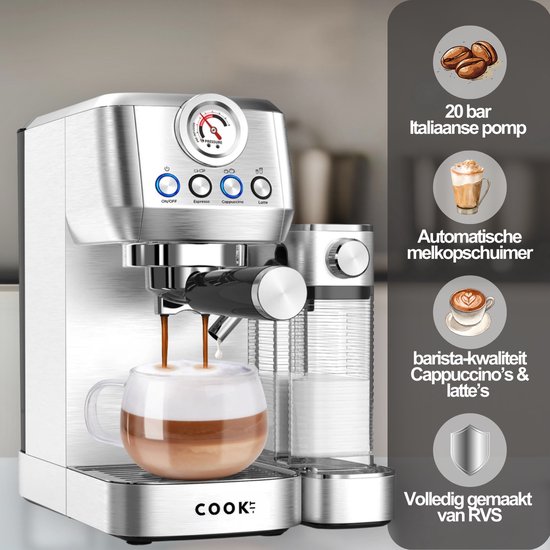 Zilverkleurige COOK espressomachine met 20 bar Italiaanse pomp, automatische melkopschuimer, RVS.