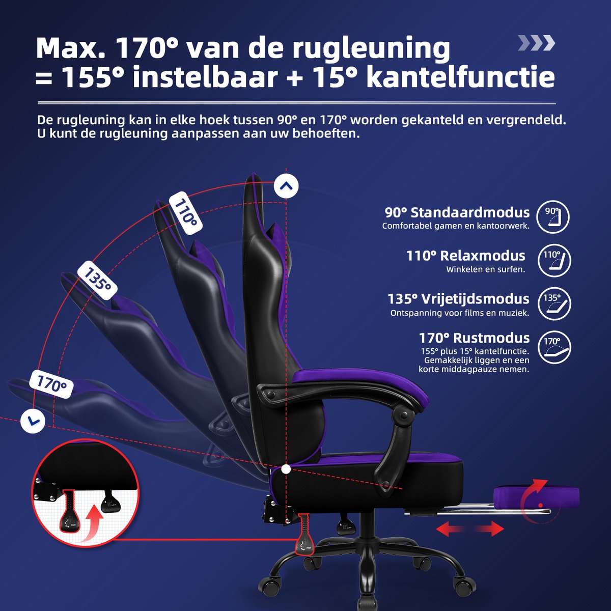 Afbeelding 2 van Hiaonyx Gaming Stoel - 170° Verstelbare Rugleuning - Gamestoel met inklapbare Voetsteun - racerstijl - Geïntegreerde Armleuningen Game Stoel - Maximale Belastbaarheid 150kg - Zwart Paars