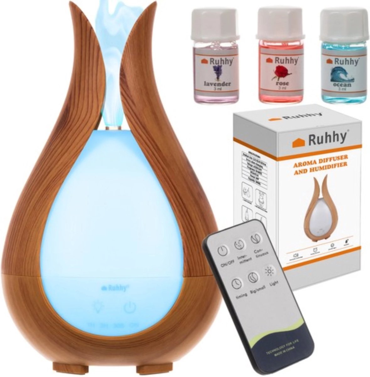 Goedkoopste Ruhhy Aroma Diffuser - 200ml Luchtbevochtiger met LED Verlichting en Essentiële Oliën - Stijlvol Houten Design