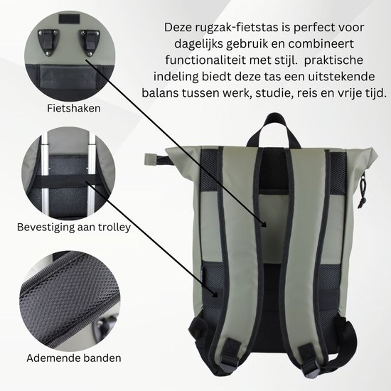 Fana Bags Rugtas & Fietstas in 1 Groen - Laptop Rugtas - Werktas/Rugzak - Enkele Fietstas - Laptop Rugzak van Fana Bags — afbeelding 3