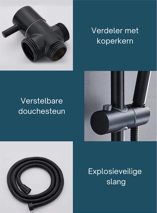 Livista® - Douche Set - Regendouche en Handdouche - Verstelbare Hoogte 75-105 cm - Vierkant Design - Zwart - Duurzame Messing Omsteller voor Badkamer