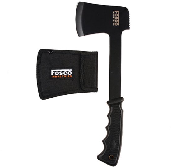 Zwarte bijl met beschermhoes, beide met "FOSCO INDUSTRIES" logo.