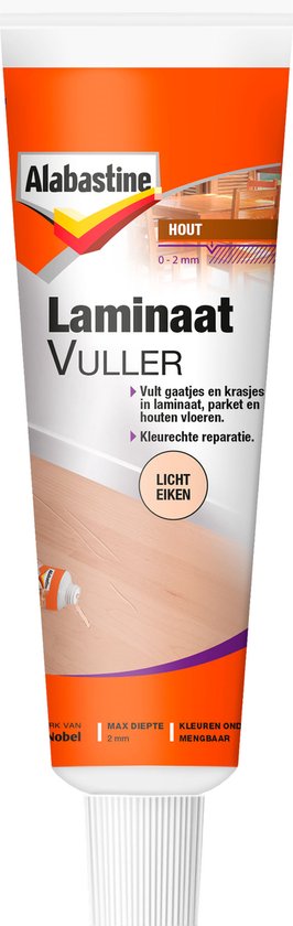 Alabastine laminaatvuller in licht eiken kleur. Tube met oranje en witte opdruk. Geschikt voor 0-2 mm diepte.