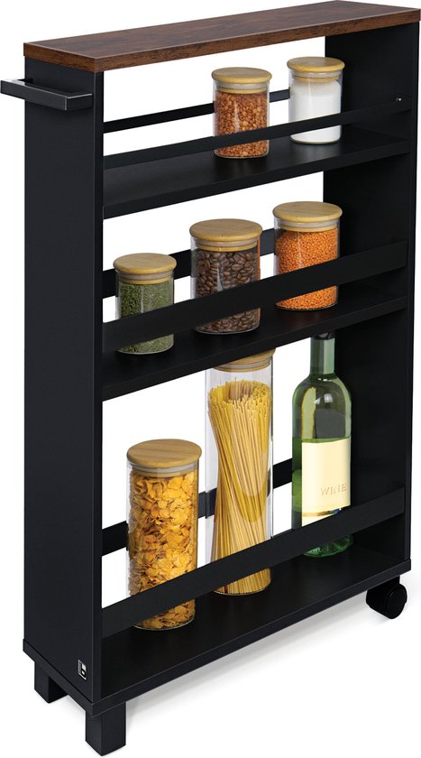 bomoe Hylla – Desserte de Cuisine sur Roulettes 50x79x15 cm – Desserte de Service en Bois avec 3 Planches & Plan de Travail FSC® – Zwart & Marron