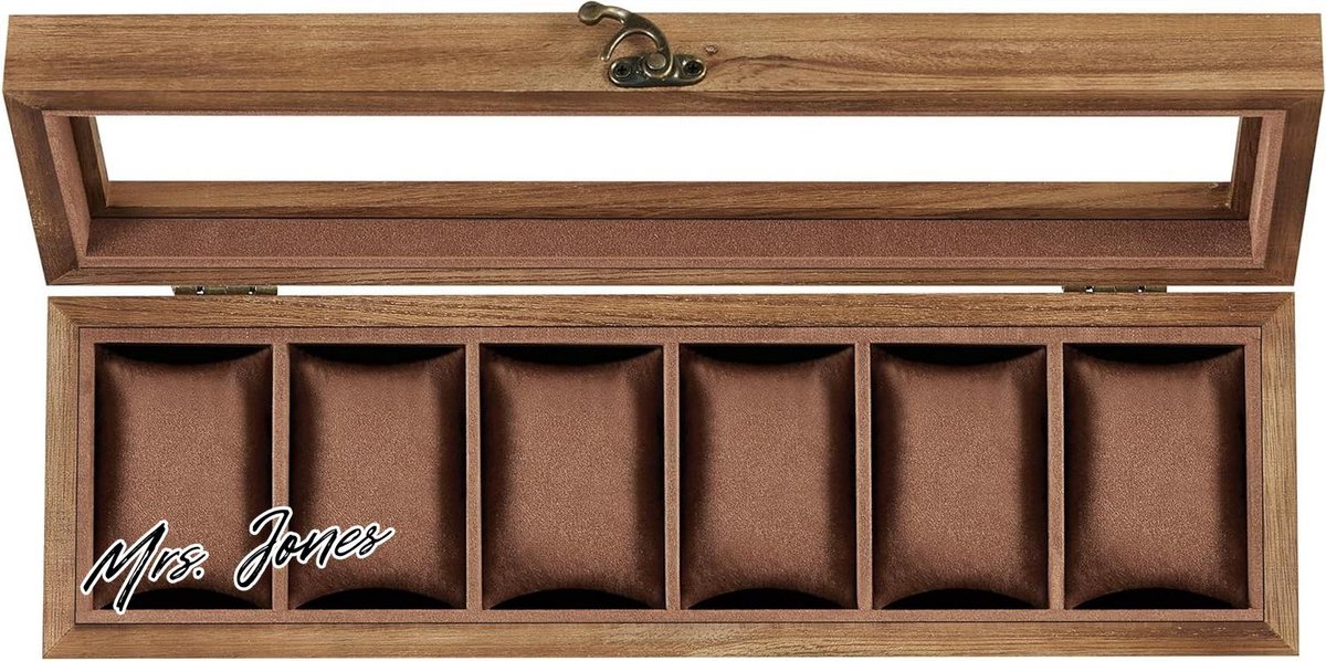 Mrs. Jones Horlogedoos met 6 vakken - horlogedoos organizer met glazen deksel - horlogedisplaydoos met uitneembare kussentjes - cadeau-idee rustiek notenhout .