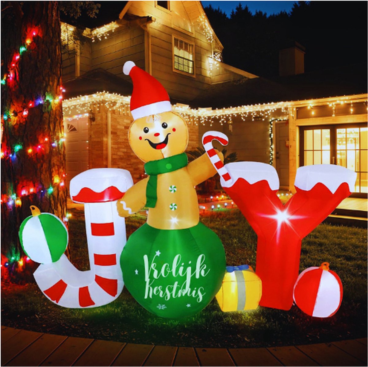 Opblaasbare Peperkoek Voor Kerstmis - 175 Cm - Opblaasbare Peperkoek Met LED Lampen - De Letters "Vreugde" - Snoepstokken, Bal - Kerstdecoratie Voor Binnen En Buiten