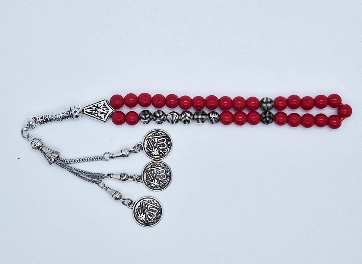 Handgemaakte naam tasbih 33 Kralen Natuursteen “ Bloedkoraal” - met metaal tassel “Allah jala jalaluh"- Met je naam of de naam van uw geliefde- 8 mm diameter van de korrel