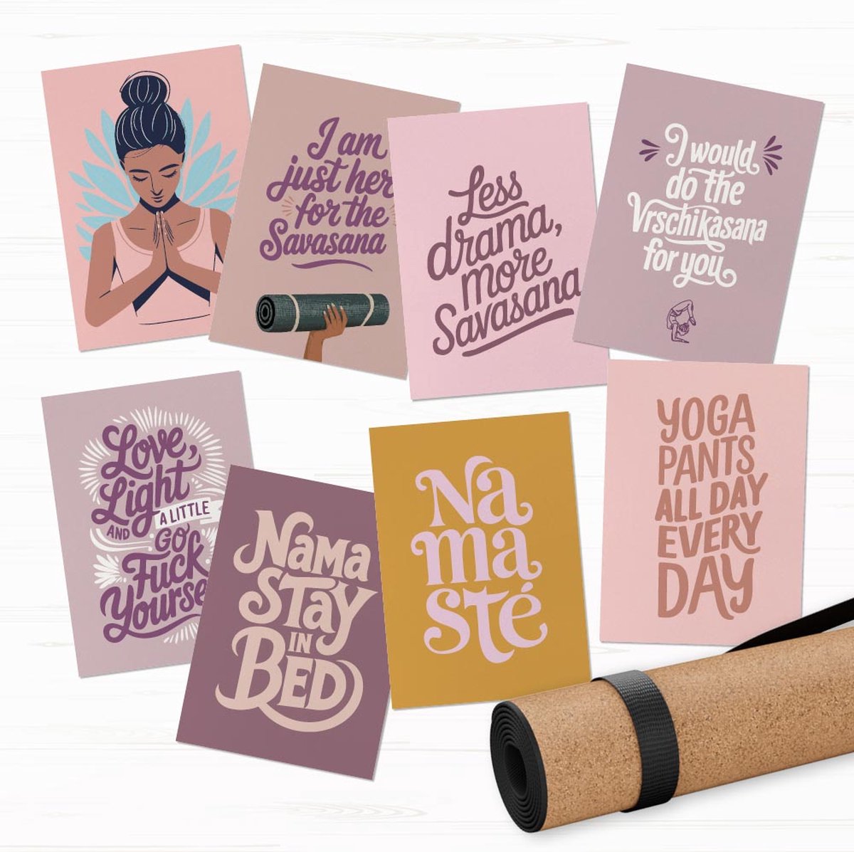 Kaartenset 8 Yoga kaarten, Kaarten Yoga & Mindfulness – 8 Inspirerende A6-kaarten – Yoga thema, ontspanning, spirituele kaarten, grappige yoga kaarten, Yoga Decoratie kaartjes