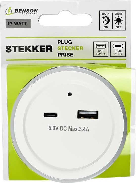 Benson Nachtlamp met USB-A & USB-C - 17 Watt - Dag/Nacht Sensor - 5V DC 3.4A van Merkloos — afbeelding 4
