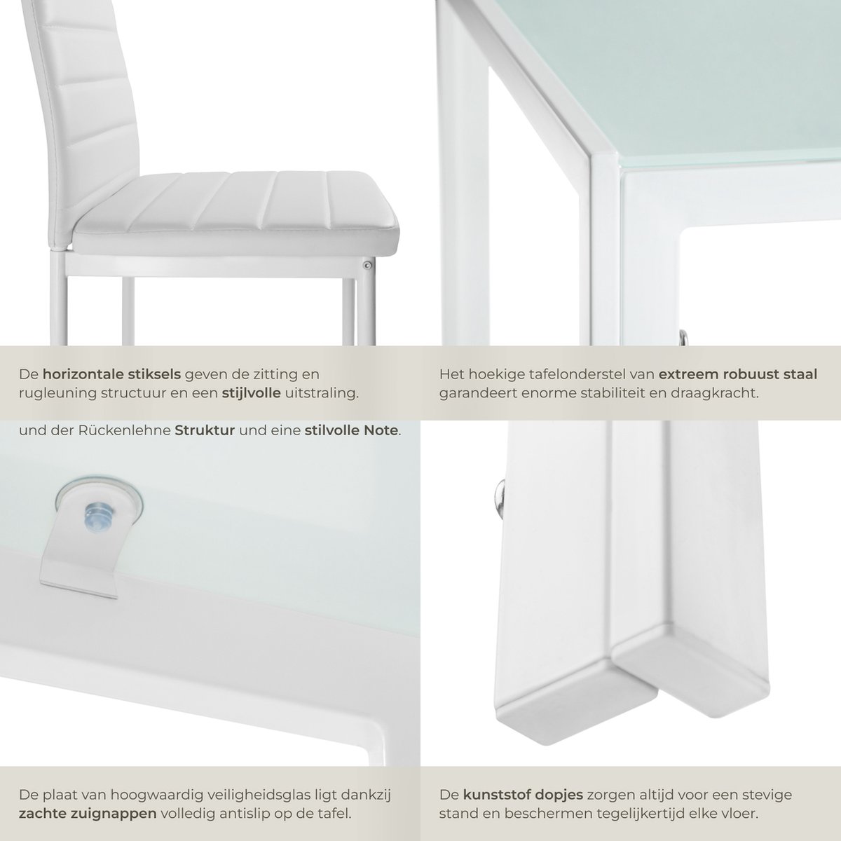 tectake® Eetkamerset met 4 Eetkamerstoelen - Eettafel met glazen blad - 120 x 70 x 75 cm - Eethoek set Tafel en Stoelen - Set van 4 Stoelen met kunstleer - Wit – foto 3