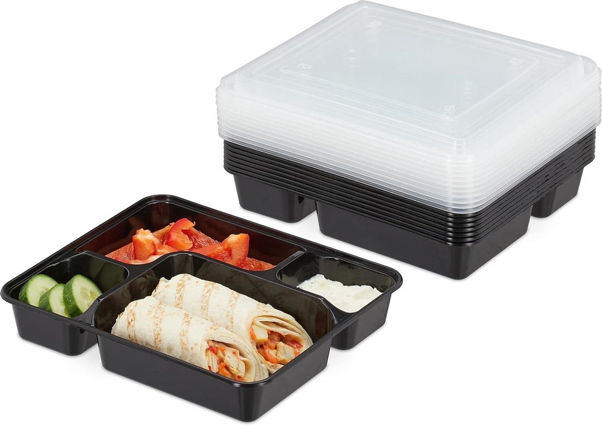 Nevolis Meal Prep Bakjes 10 Stuks 4 Vakken Herbruikbaar Magnetron Vriezer 1000 Ml Kunststof Lunchboxen Zwart - Gezond Eten - Handige Maaltijdcontainer .