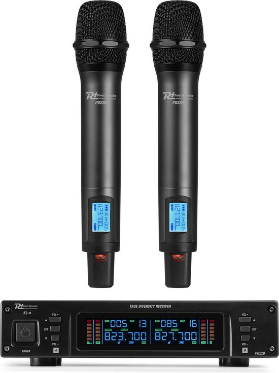 Système de microphone UHF Power Dynamics PD22 avec 2 microphones sans fil - 2x 80 canaux - Avec étui