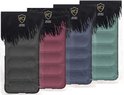 Vier MobyDefend telefoonhoesjes in zwart, bordeaux, donkerblauw en groen, verpakt.