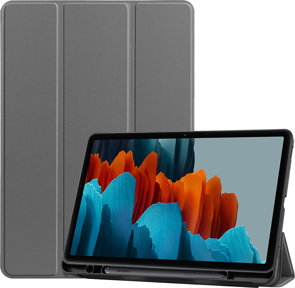 Cazy tablet Hoes geschikt voor Samsung Galaxy Tab S7 - TriFold Bookcase met Stylus Houder - Grijs