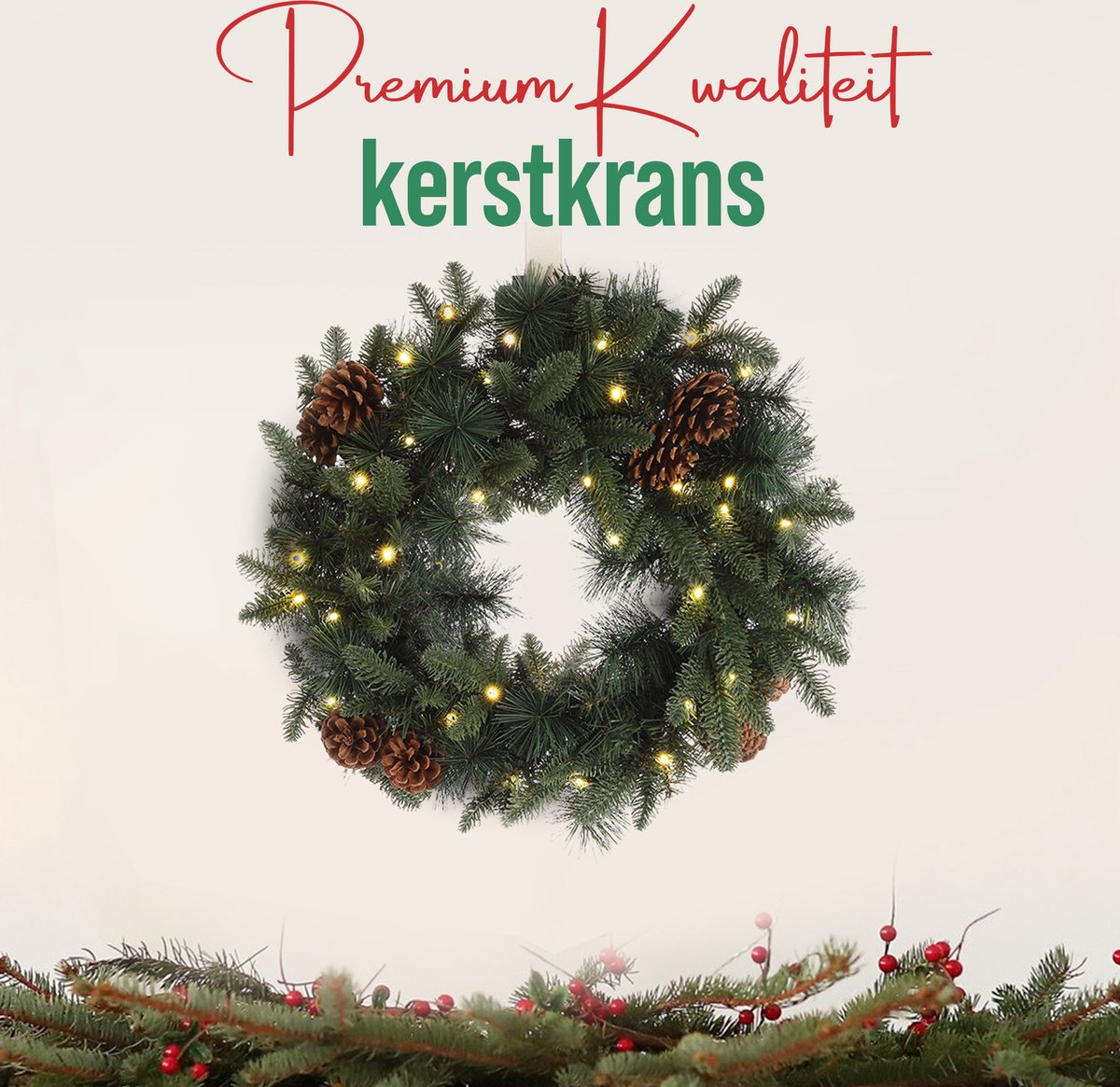 Meisterhome Kerstkrans van 50 cm - Inclusief Ophangbeugel en 35 Warmwitte LED's - Timer - Dennenappels - Kerstkrans met verlichting – foto 2