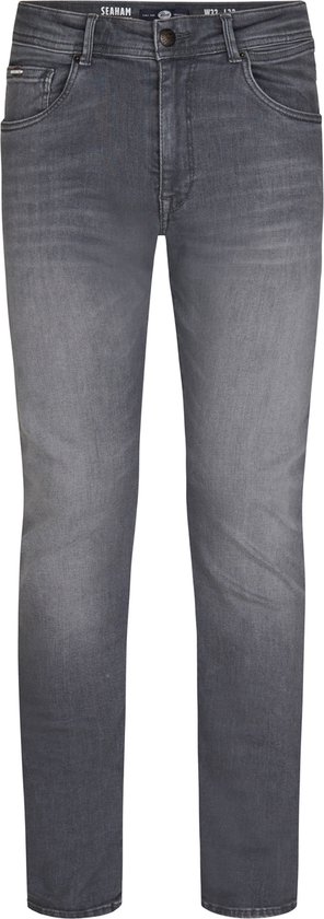 Grijze slim fit jeans met vijf zakken en een label met 'SEARAH'.