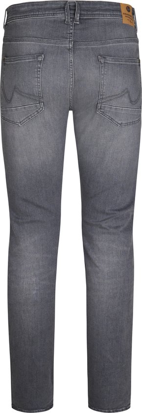 Achterkant van grijze slim fit jeans met merklabel en geborduurde stiksels.