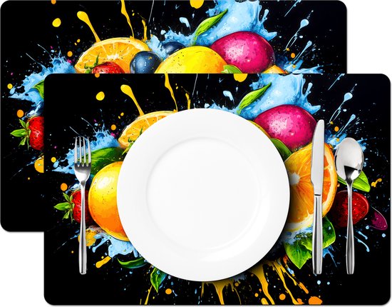 Sets de table - 6 pièces - 45x30 cm - Set de table en plastique - Fruit - Graffiti - coloré - orange - fraise - abstrait - Dessous de plat - Décoration de table - Accessoires de décoration de table de cuisine