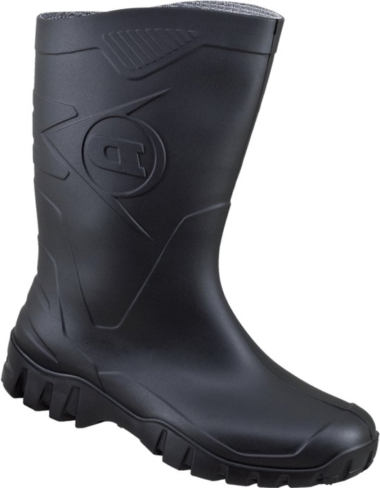 Zwarte Dunlop kuitlaars met profiel, Dunlop logo en textuur aan de bovenkant.