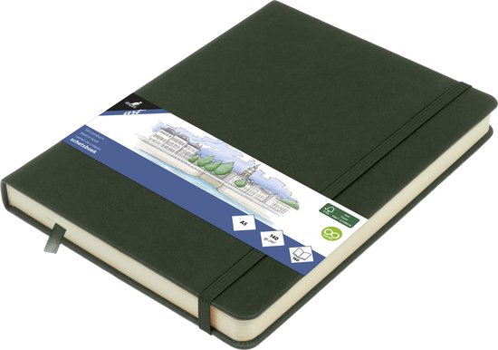 Groen A5 schetsboek van Kangaro met een etiket waarop een gebouw staat, met elastiek en leeslint.