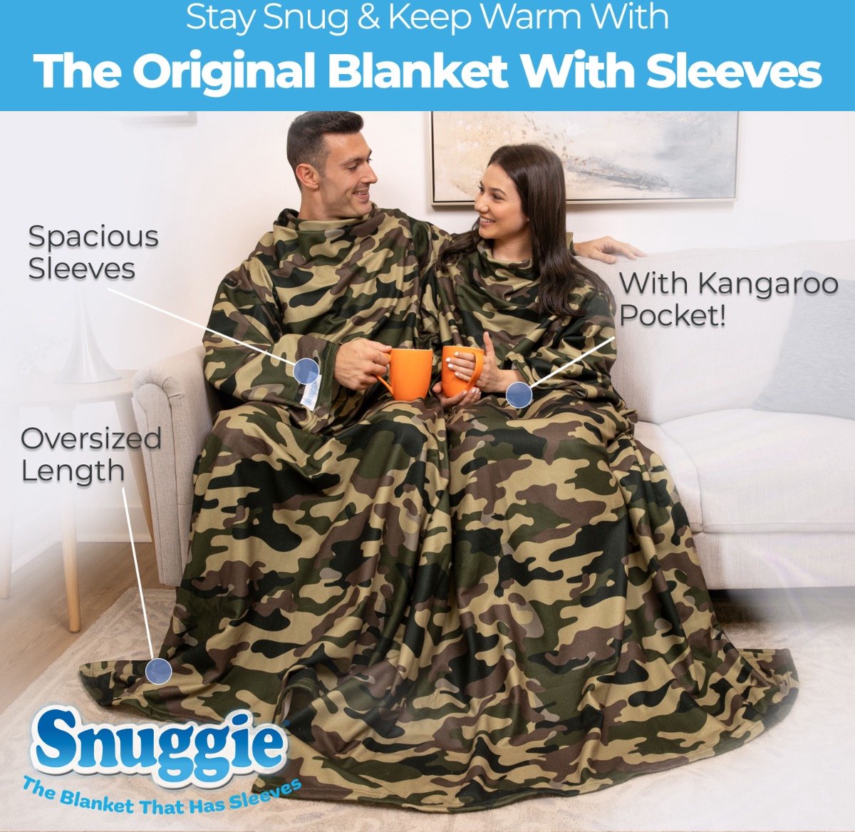 Snuggie Original - Fleece Deken met Mouwen - Green Camo - 180x137cm - Hoodie met Mouwen en Handige Zakken - Warme & Zachte TV Deken — cadeau in Wonen & Interieur - foto 7