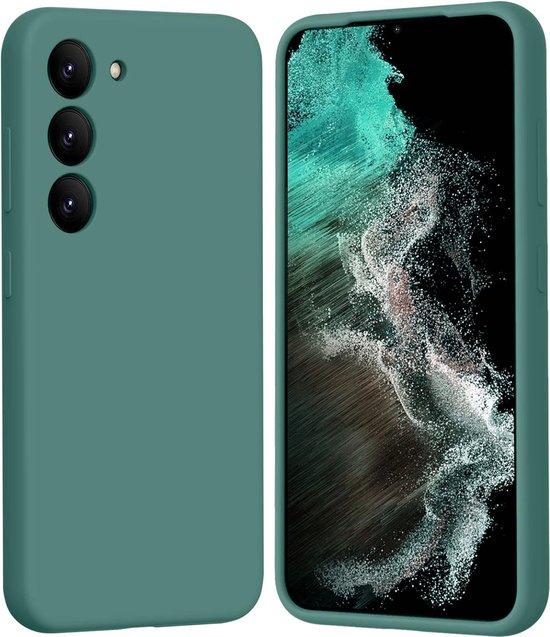 Groen telefoonhoesje, één zij-aanzicht, het andere met telefoon.