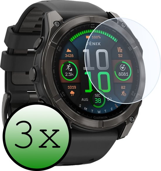 Garmin Fenix 8 smartwatch met een screenprotector en een '3x' cirkel.