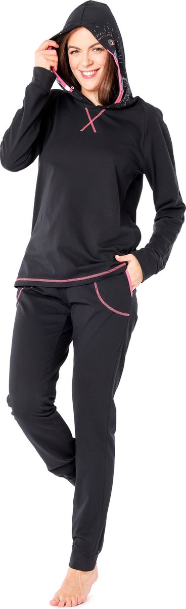 Ladeheid Dames Pyjama - met Capuchon - Lange mouwen - Lange broek - Katoen - LA-LA40-238-PJ - Zwarte Pavian
