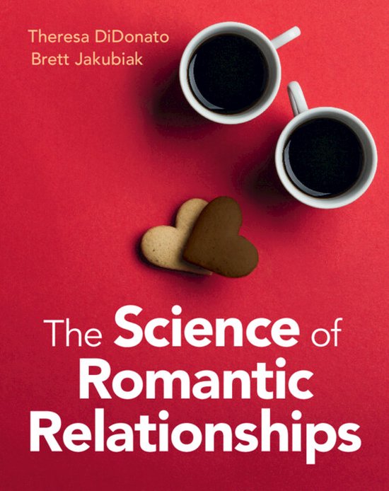 Boekhoes met de titel "The Science of Romantic Relationships". Twee kopjes koffie en twee hartvormige koekjes op een rode achtergrond.
