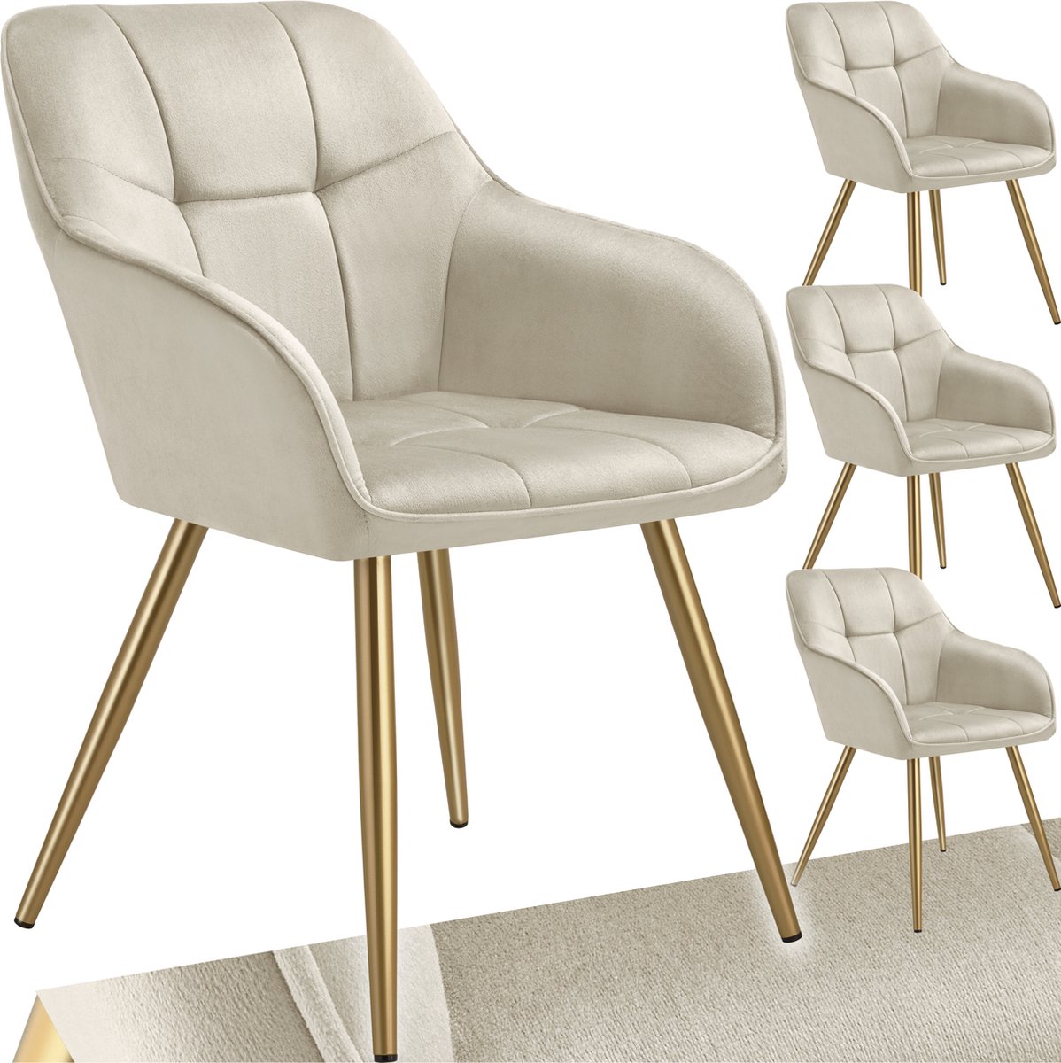 Tectake Eetkamerstoelen Marilyn - Set van 4 - Gestoffeerde Stoel in Fluweellook - Gecaptioneerd - Zwarte Stoelpoten - Ergonomische Keukenstoel - Doorlopende Rugleuning en Armleuningen - Stoel voor Woonkamer, Eetkamer, Slaapkamer - Creme