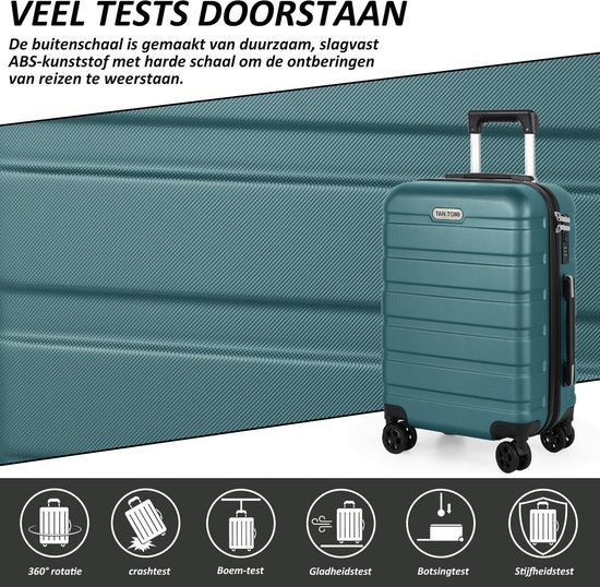 Jadegroene koffer met een gestructureerd oppervlak, naast iconen die duurzaamheidstests illustreren.