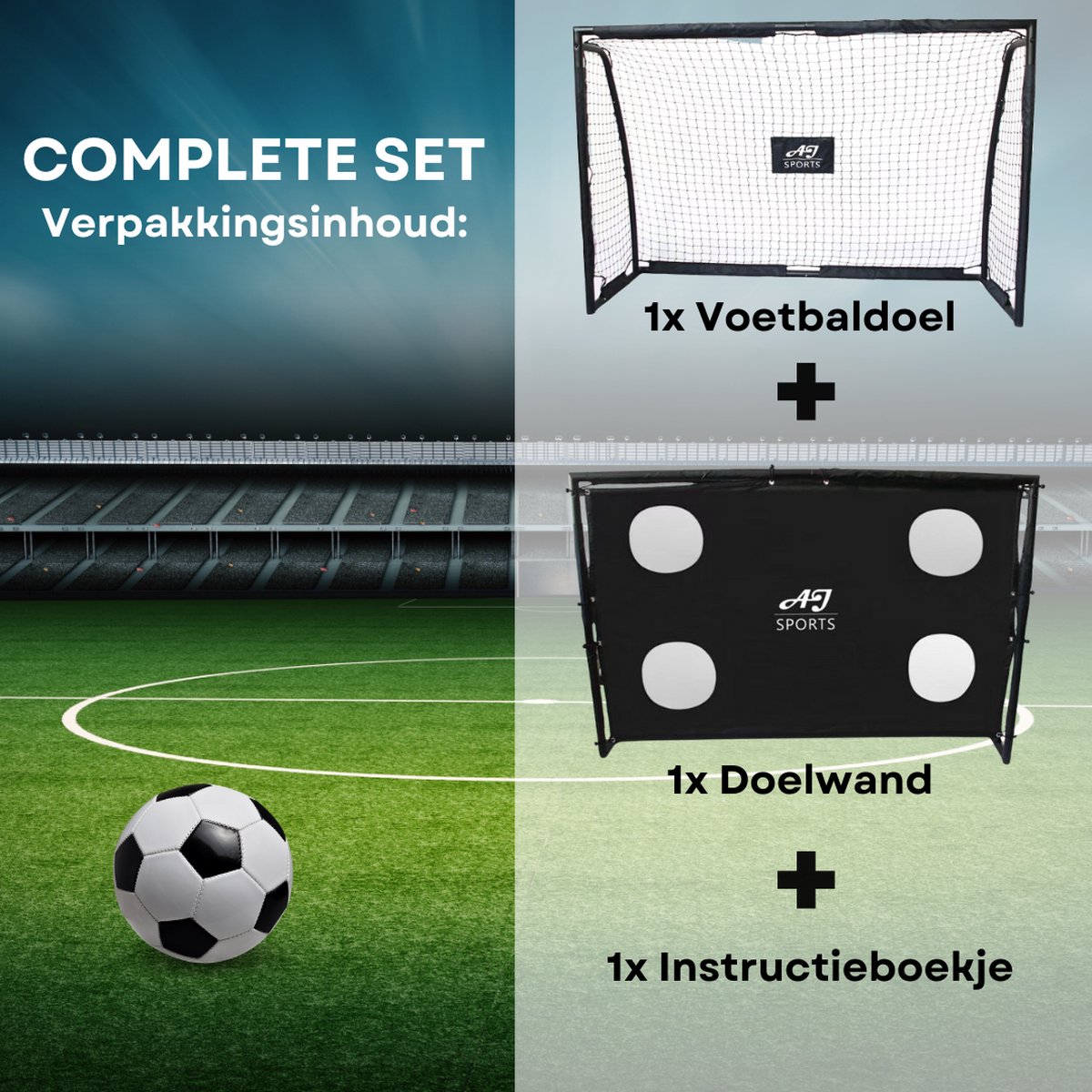 AJ-Sports Voetbaldoel met Doelwand - 300x200x90cm - Voetbalgoal - Goals - Voetbaltraining - Stalen buizen - 4 Schietgaten - Snelle Montage -Zwart — afbeelding 3