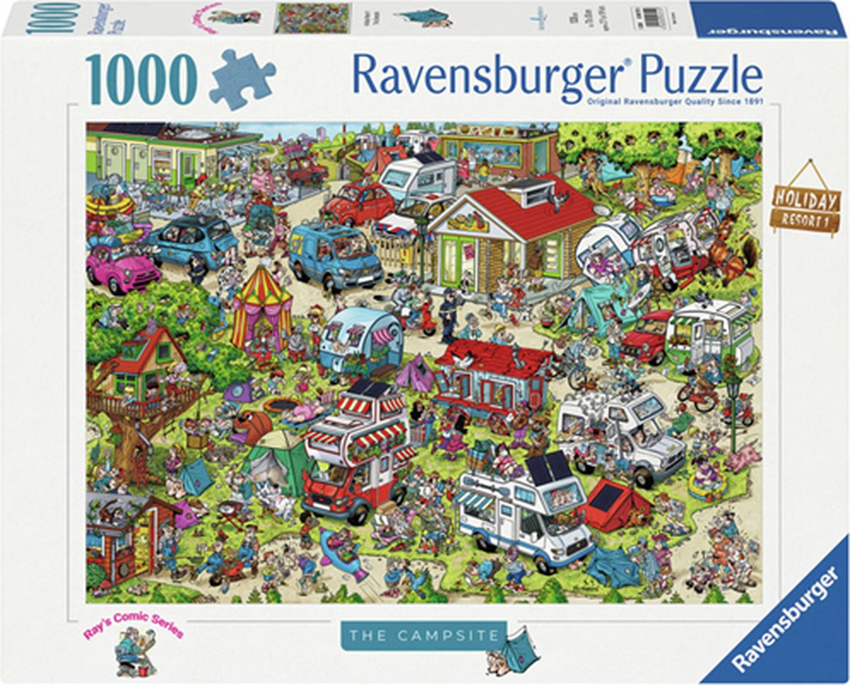 Ravensburger puzzel Holiday Resort 1 - Camping cartoon legpuzzel 1000 stukjes. — afbeelding 2