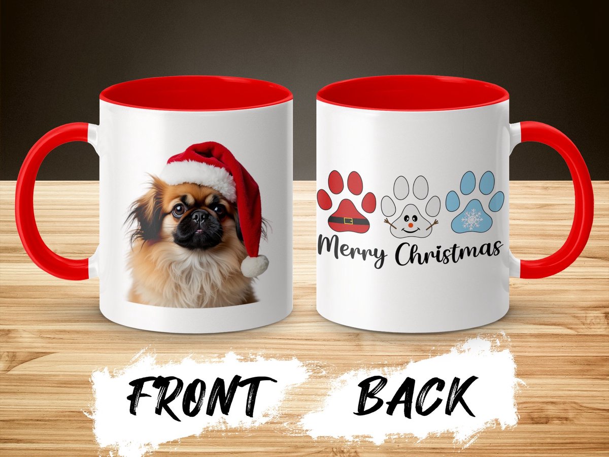 Pekingese, Pekinees Hondenmok met rode binnenkant Kerstmok met schattige hond met rode hoed en pootafdrukken Merry Christmas design