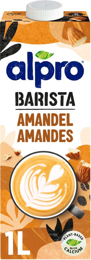 Alpro Barista Amandelmelk, 1L. Met logo, latte art koffie en amandelen. Plant-based met calcium.