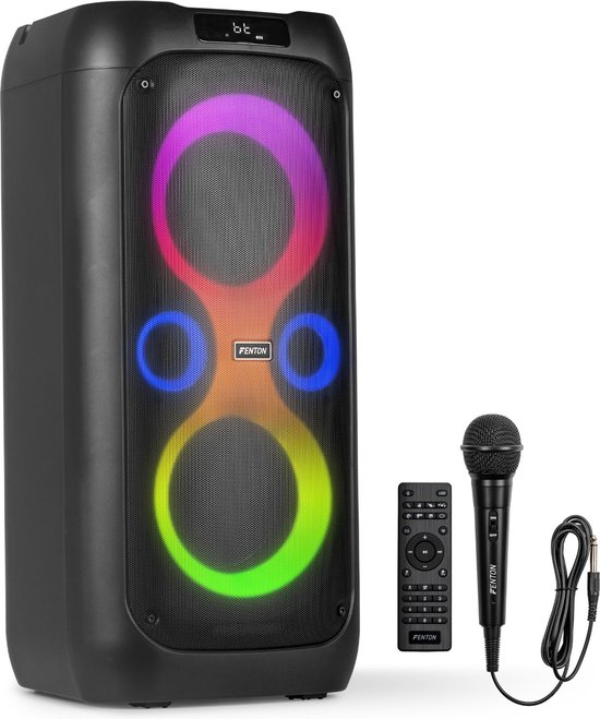 Fenton Core130 Partybox 180W Bluetooth Speaker met Microfoon, Karaoke, LED Lichtshow & 12u Accuduur