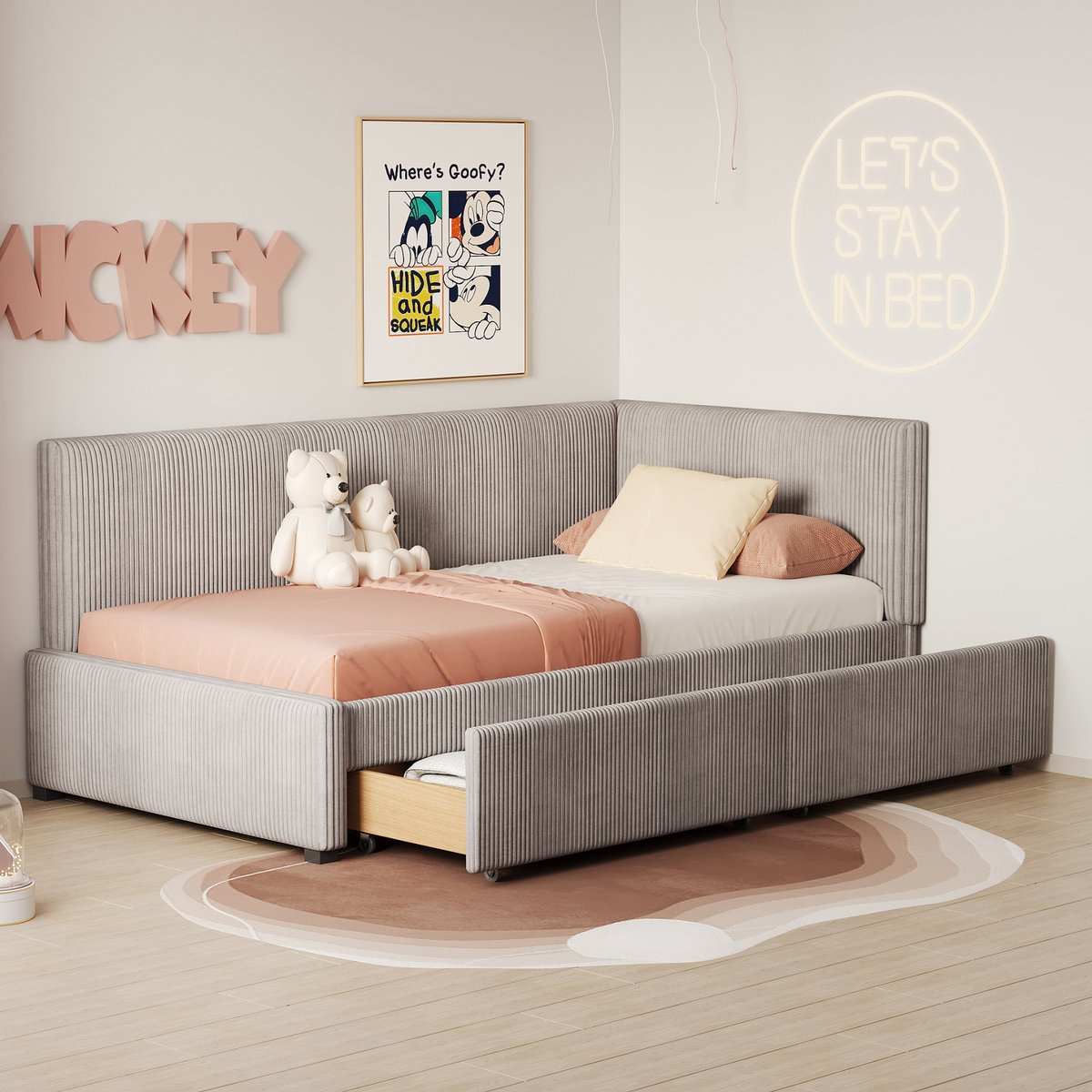 Sweiko Slaapbank 90*200cm, multifunctioneel gestoffeerd bed met 2 laden, lattenbodem, huidvriendelijke fluwelen stof, grijs