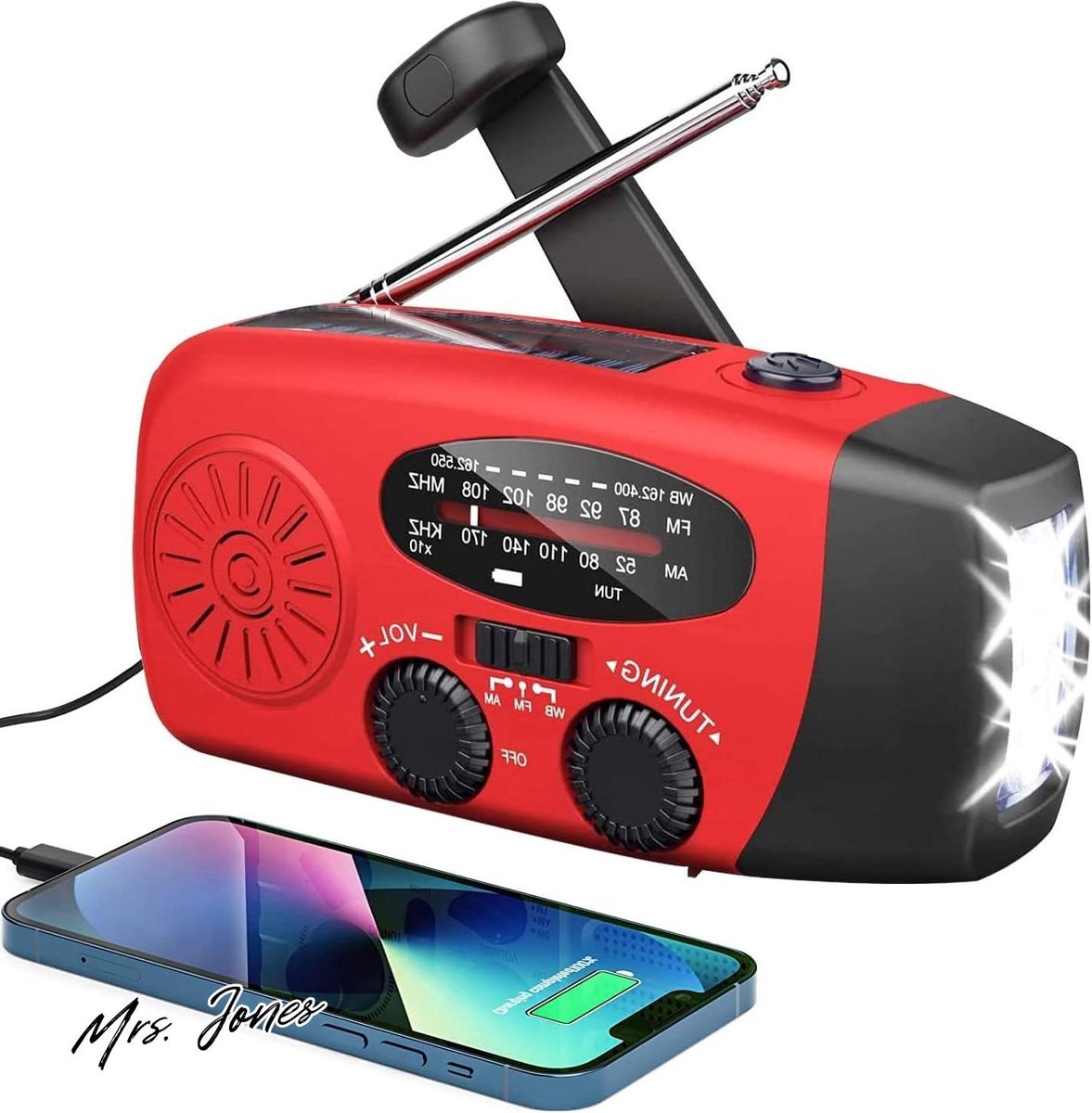 Mrs. Jones SOLARBABY Weerradio-zonne-radio zelfaangedreven AM/FM met led-zaklamp en 2000 mAh noodstroombank .